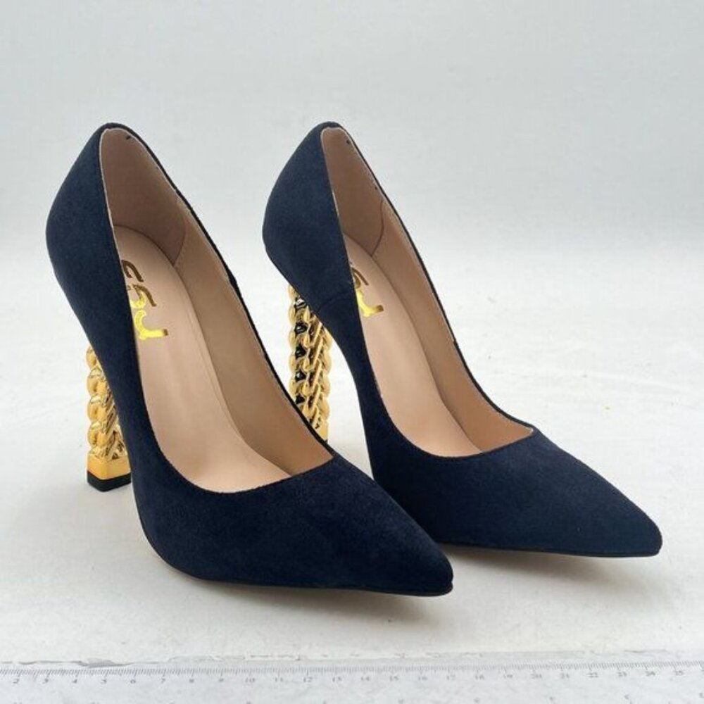 FSJ Navy Suede Gold Metal Chain Chunky High Heel Pointed Toe Slip On Prom Shoes - Picture 4 of 8